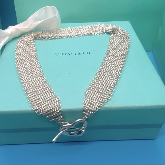 Tiffany & Co Silver Peretti Open Heart Mesh Toggle Necklace! - Picture 2 of 10